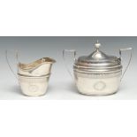 An American Federal Period silver oval sucrier and cream jug, bright-cut and wrigglework engraved,