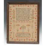 An early Victorian needlework sampler, Ann Amelia Holbrook work'd this sampler in her 10 year Jan