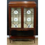 An Edwardian mahogany display cabinet, rectangular concave-moulded caddy top with faux-dentil band