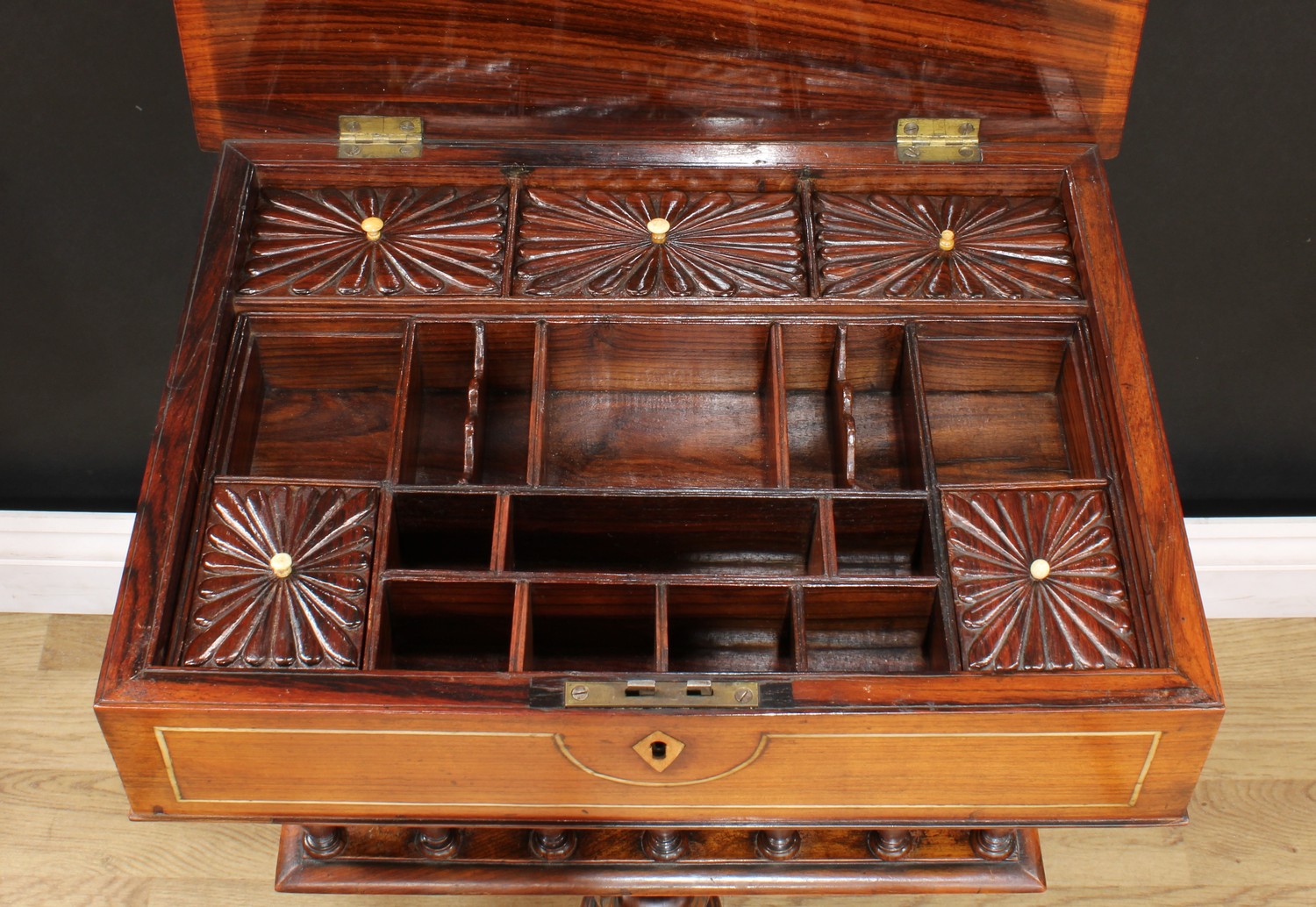 A 19th century Anglo-Indian rosewood tripod work table, hinged top enclosing a fitted interior - Image 5 of 8