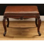 A Victorian mahogany stool or window seat, rectangular stuffed-over seat, serpentine apron centred