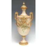 A large Royal Worcester pedestal ovoid two handled vase, decorated in gilt with chrysanthemums and