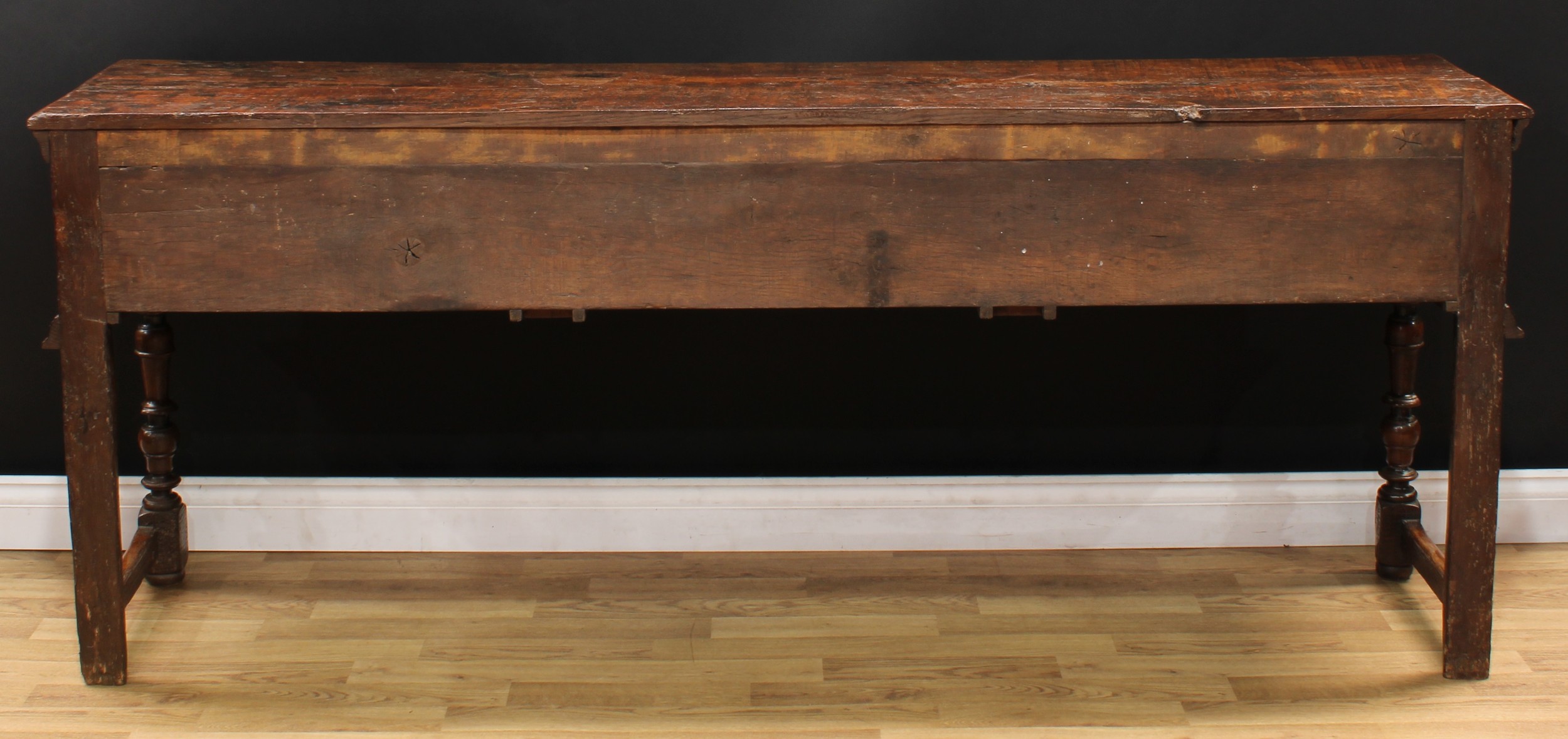 A Charles II design oak block front low dresser, oversailing plank top with moulded edge above three - Image 6 of 6