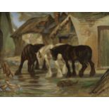 Jack (20th century) Together at the Pond, a farmyard's animals cool off signed, oil on canvas,