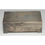 An Art Deco silver rectangular cigarette box, engine-turned, hinged cover, geometric bracket feet,