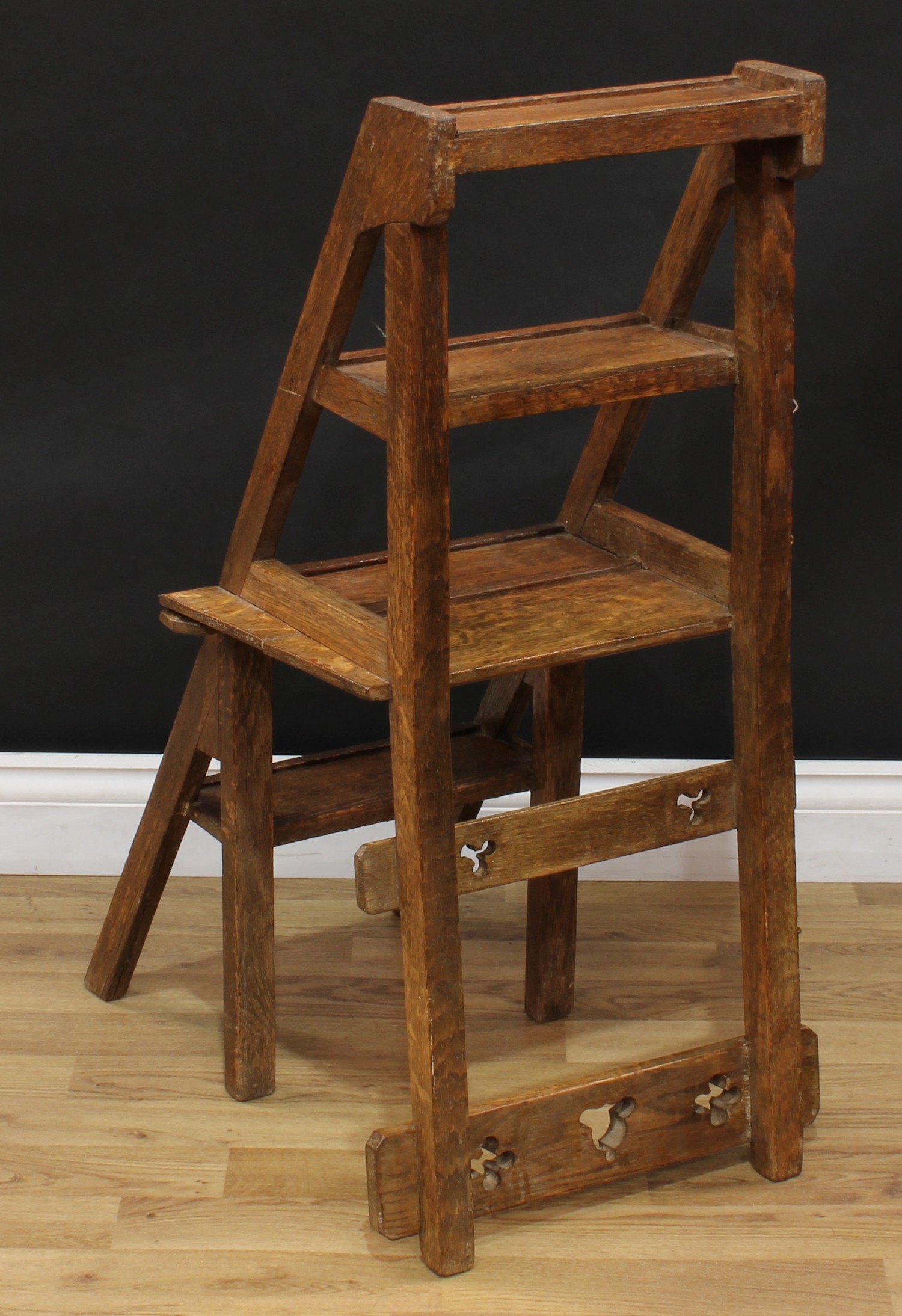 A Victorian Gothic Revival oak metamorphic chair, converting to library steps, rectangular - Image 6 of 8