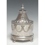 A Dutch Neo-Classical silver circular tobacco box, lofty domed cover applied with ribbon-tied swags,