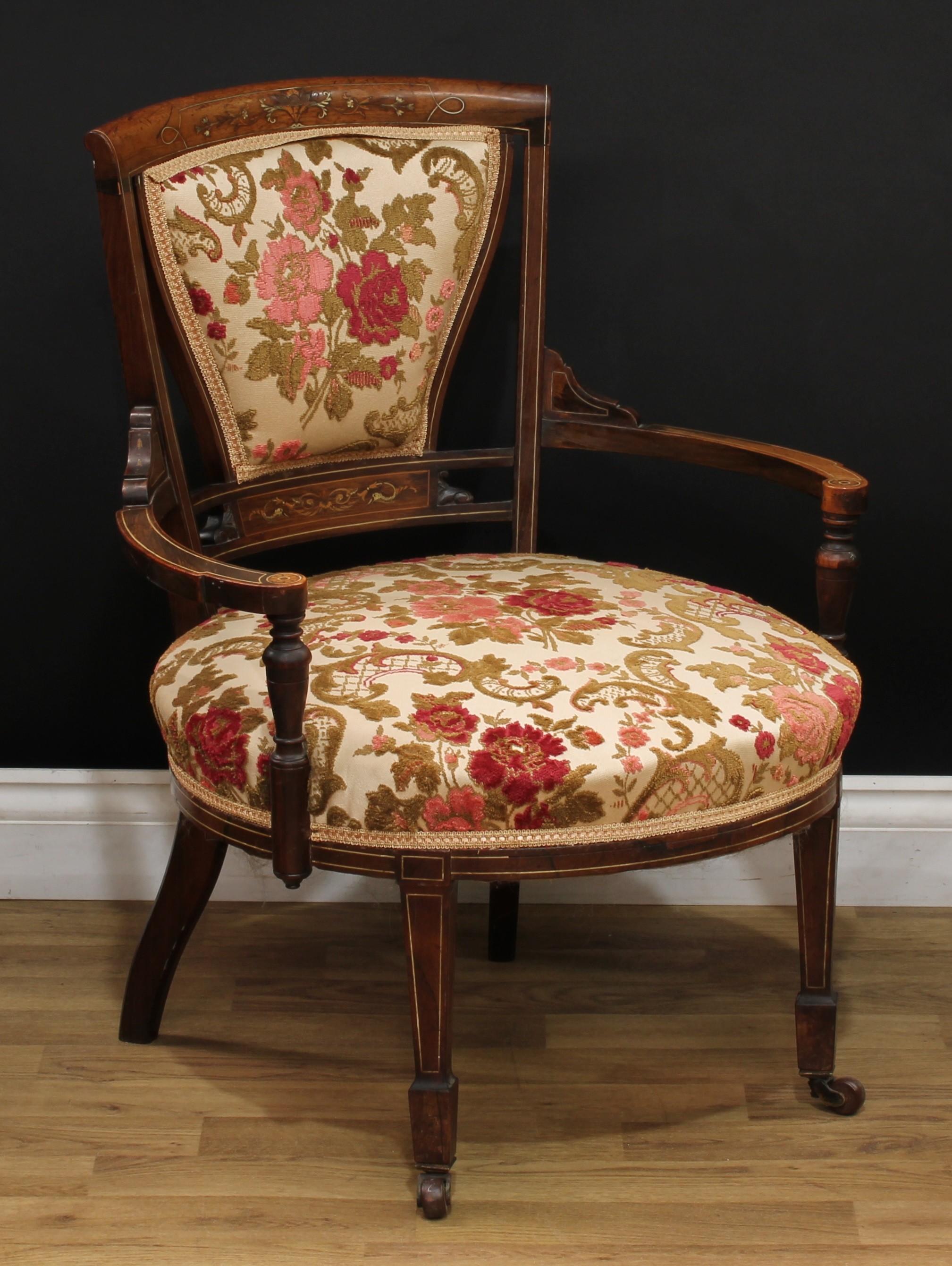 A late Victorian rosewood and marquetry four-piece drawing room suite, comprising a sofa, 85.5cm - Image 10 of 12