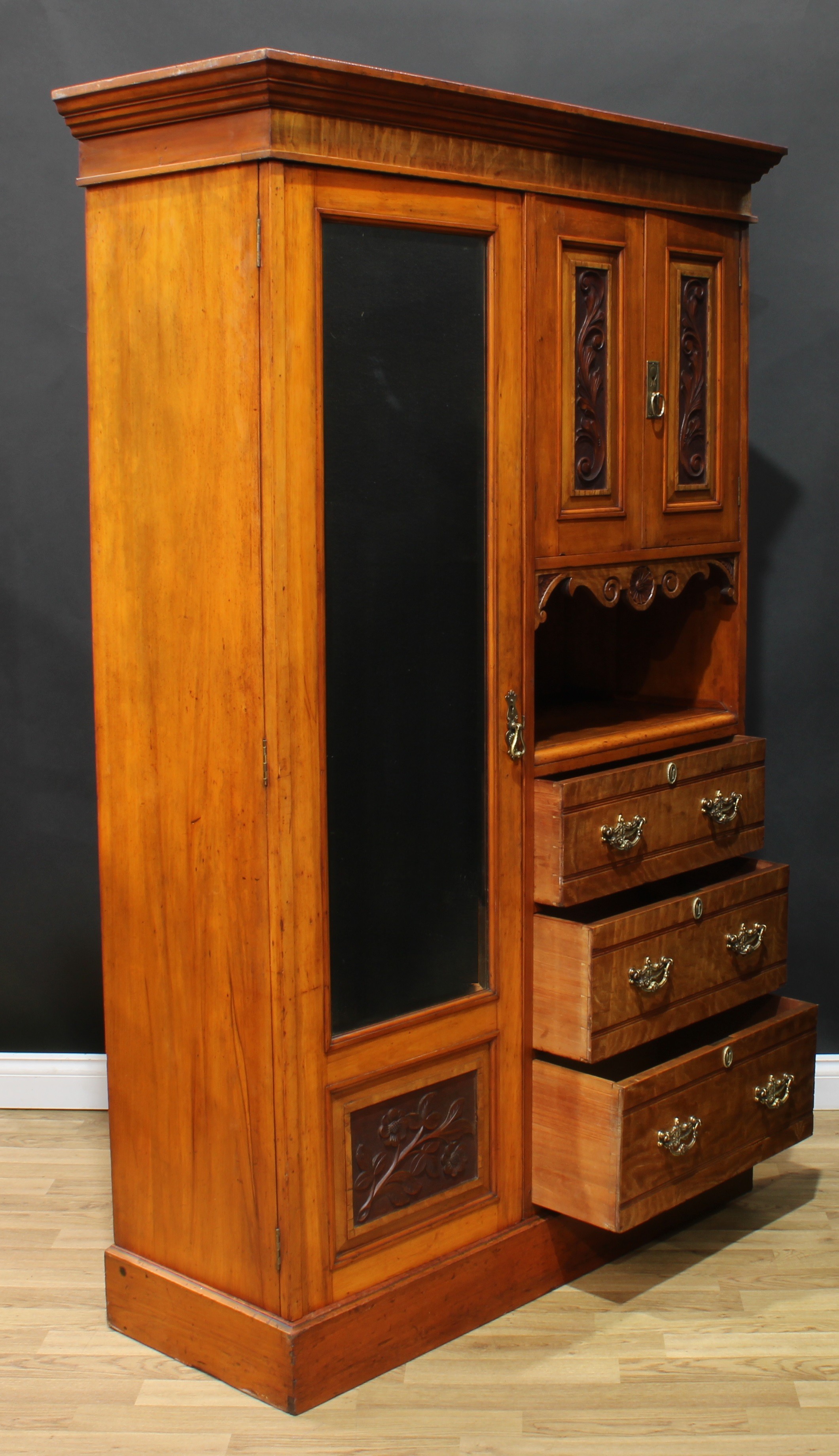 A late Victorian curly maple accented wardrobe, outswept cornice above a three-quarter mirrored door - Image 3 of 4