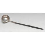A George II silver punch ladle, boat shaped bowl, twisted whalebone handle, 34.5cm long, maker EA,