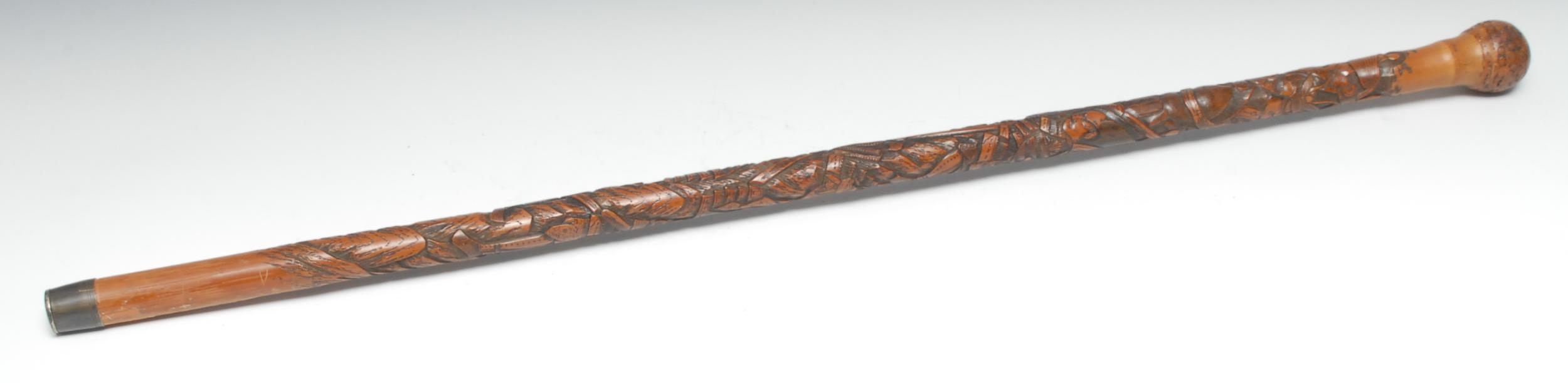 A Japanese bamboo walking stick, well carved with samurai in battle, 87cm long, Meiji period - Image 2 of 2