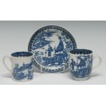 A Caughley Cormorant pattern coffee cup and saucer, printed in underglazed blue, cell border, S