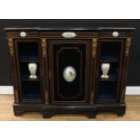 A Victorian gilt metal and porcelain mounted break-centre credenza, slightly oversailing top with