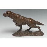 English School (19th century), a brown patinated bronze, of a gun dog, 24cm wide, Elkington & Co,