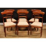 A set of six William IV mahogany bar back dining chairs, drop-in seats, the aprons applied with