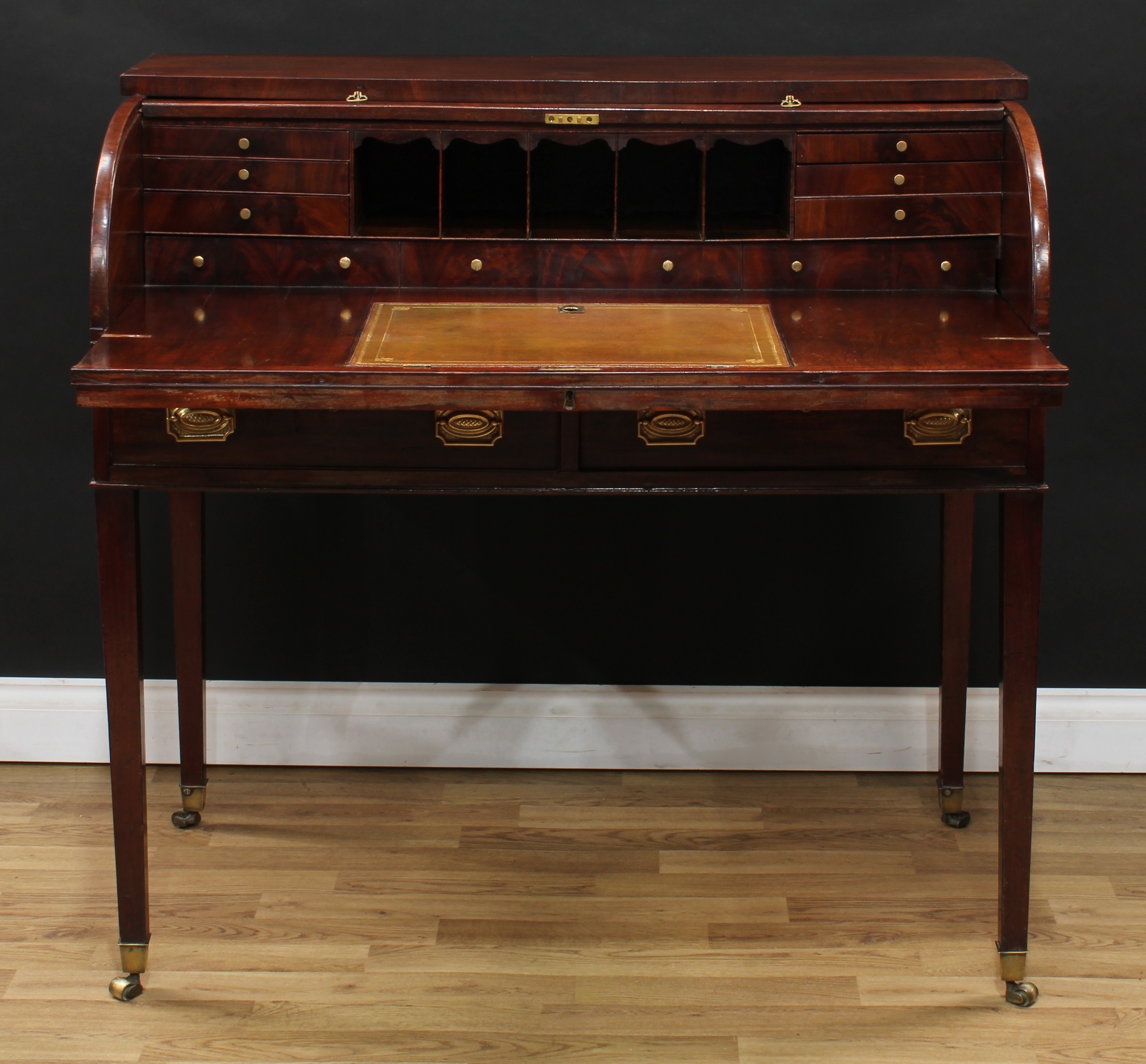 A George III mahogany tambour-fronted writing desk, oversailing top above a retractable front - Image 3 of 9