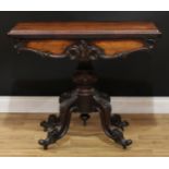 A Victorian rosewood card table, hinged top with moulded edge enclosing a baize lined playing