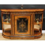 A Victorian walnut, ebonised and marquetry break-centre credenza, slightly oversailing top above a