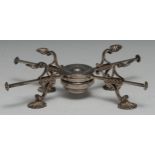 A George III silver dish cross, scallop shell rests and feet, 32cm diam, indistinctly marked, c.