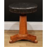 A William IV maple adjustable piano stool, stuffed-over seat, panelled column, incurve canted