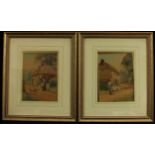 G** Hall (early 20th century) A Pair, Thatched Cottages with Chickens & Geese signed,