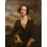 English School (mid-19th century) Portrait of a Lady, half-length, a bridged river in the background