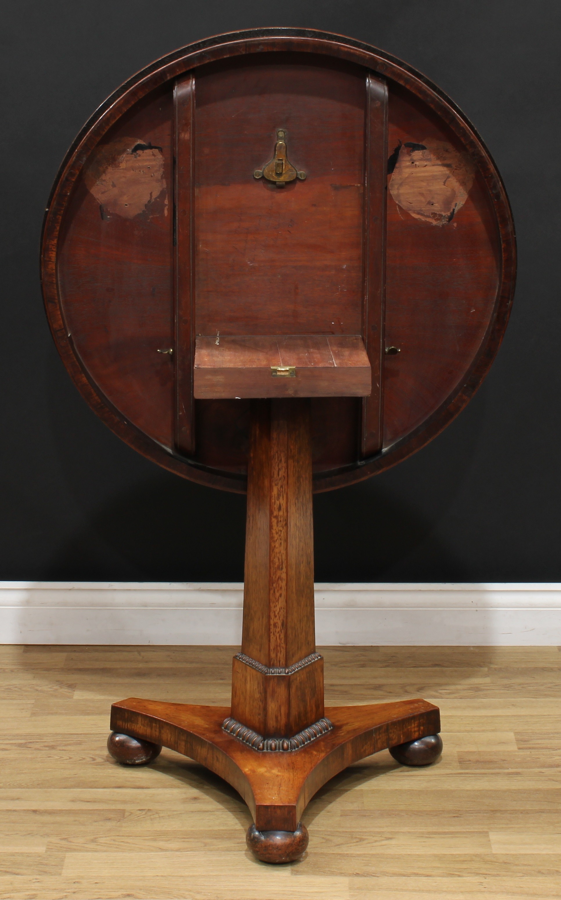 A William IV walnut, rosewood and marquetry centre table, circular tilting top inlaid with a bird - Image 4 of 4