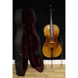 A cello, the two-piece back 76cm long excluding button, ebony tuning pegs, outlined throughout