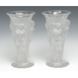 A pair of French Art Deco Sabino clear and frosted glass conical vases, moulded with dancing nude