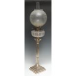 A Victorian silver Corinthian column oil lamp, frosted globular shade, stop fluted column, stepped