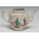 A Pennington's Liverpool globular teapot, decorated in polychorme with oriental figures, crowsfoot