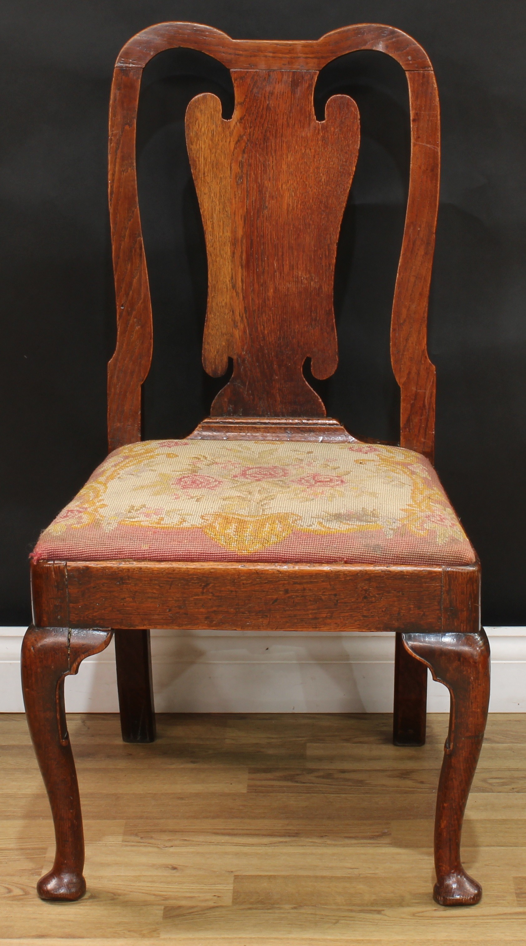 A George I oak side chair, double-arch cresting rail, vasular splat, drop-in needlework seat, - Image 2 of 4