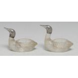 A pair of early 20th century silver mounted novelty salts, as ducks, 7.5cm long, marked 800, c.1910