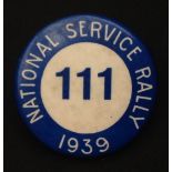 WW2 British National Service Rally badge. Serial number 111. Rare original large celluloid tin