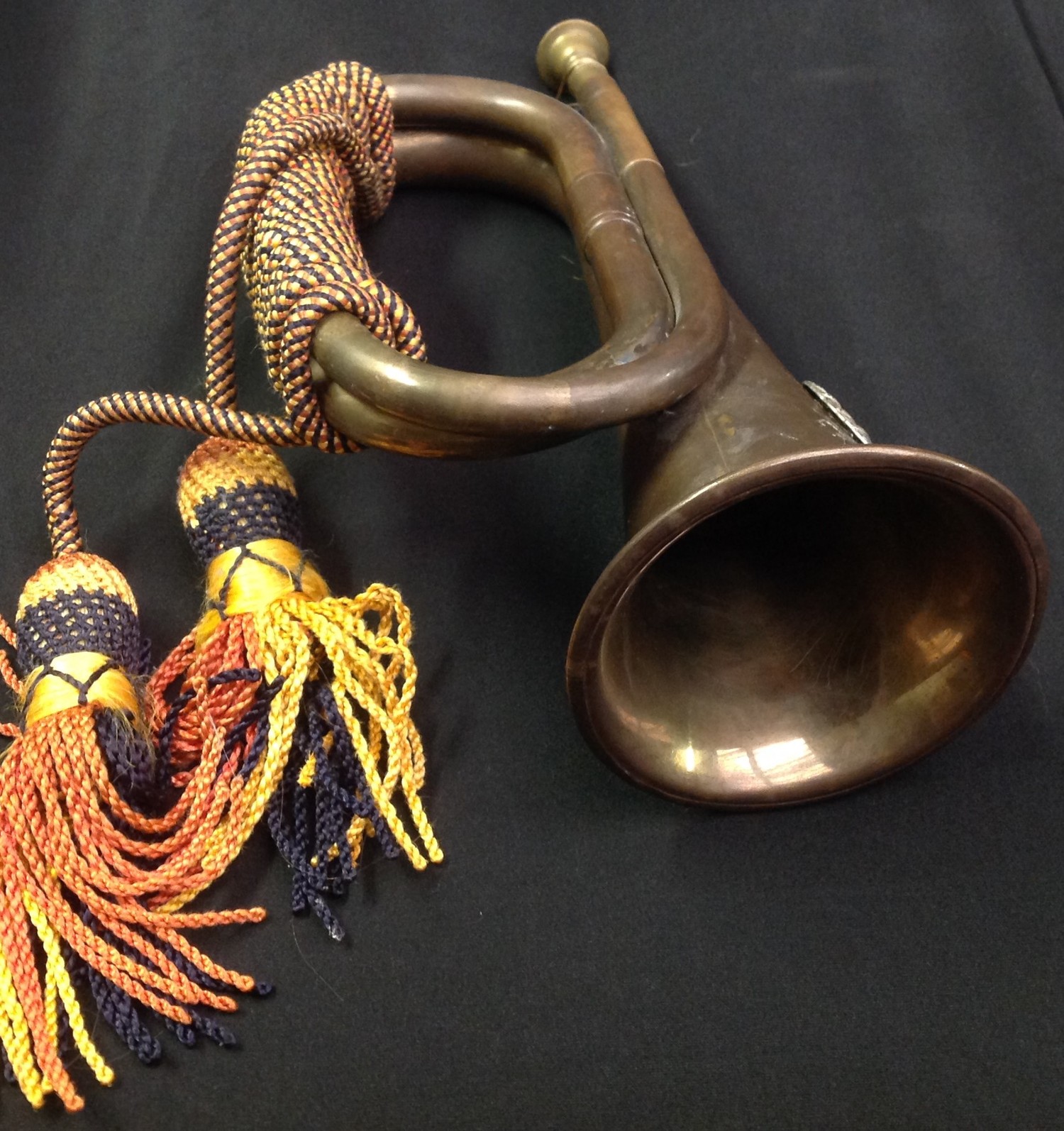 Brass and Copper Bugle complete with cords with a Rifle Brigade cap badge affixed. - Image 4 of 4