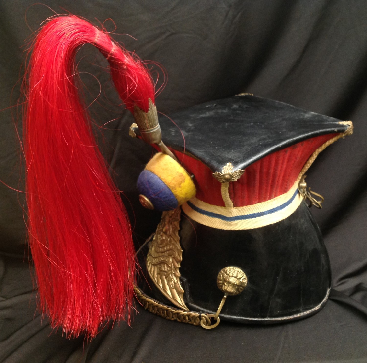 Reproduction dating from the late 20th Century of a Victorian 12th Lancers Shako Cap. Plume socket - Image 6 of 8