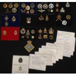 WW2 and later British Cap Badges, collar dogs and buttons all on black velvet cards along with a