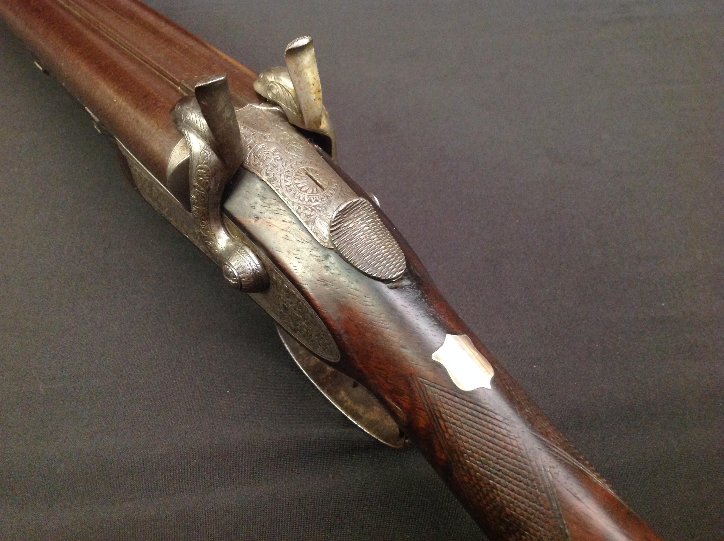 Pin Fire Double Barrel Shotgun with 750mm long browned Damascus barrels. Double trigger. Marked on - Image 16 of 16