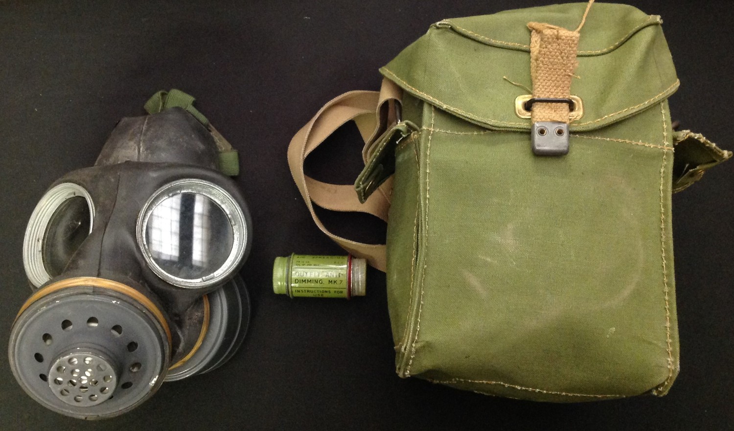 WW2 pattern British Lightweight Respirator, mask dated 2-1952, straps dated 3/1965 and complete with