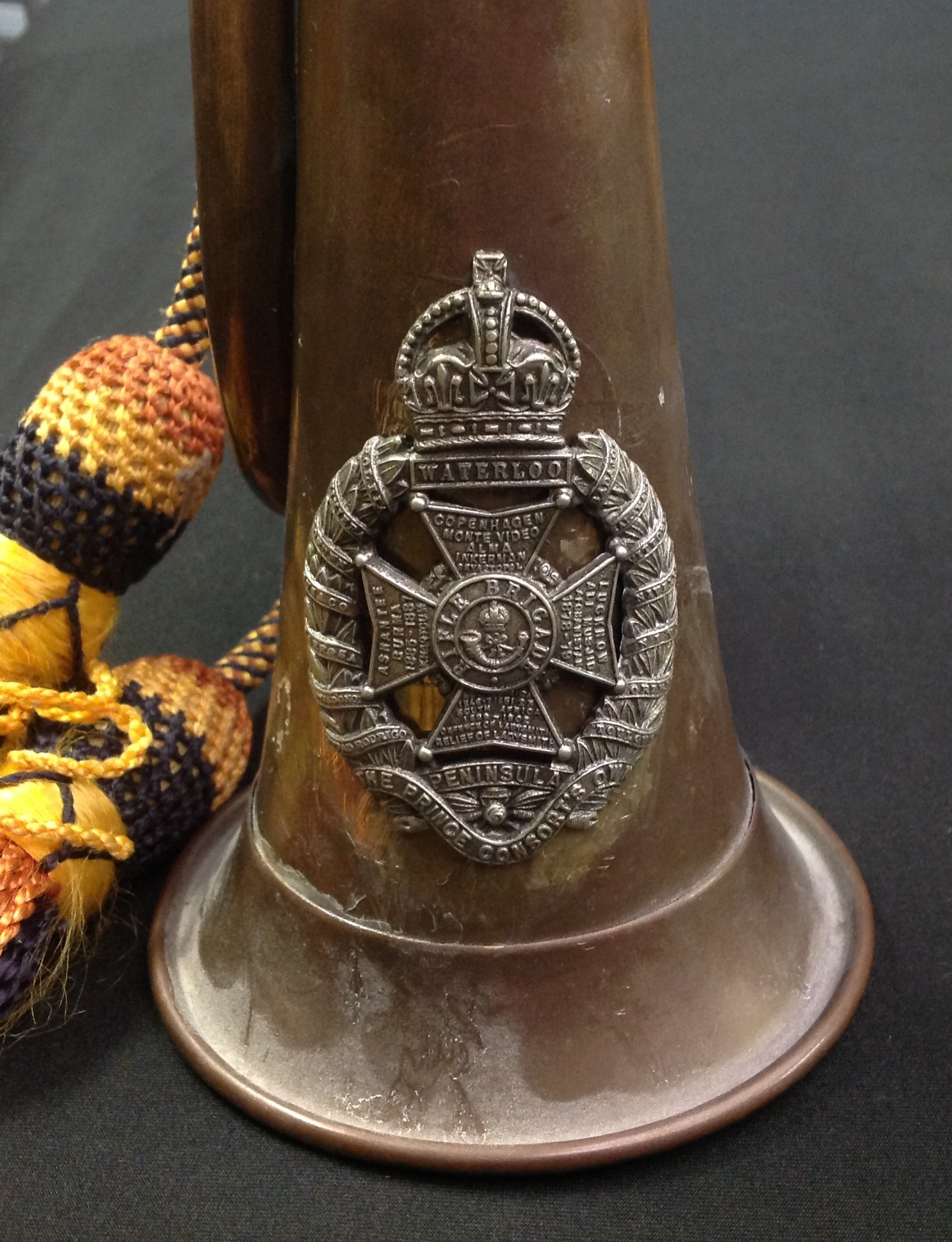 Brass and Copper Bugle complete with cords with a Rifle Brigade cap badge affixed. - Image 2 of 4
