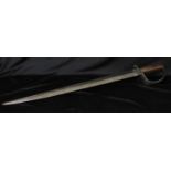 A 19th century Cutlass, 51cm pointed double-edged blade, steel stirrup hilt, ribbed hardwood grip,