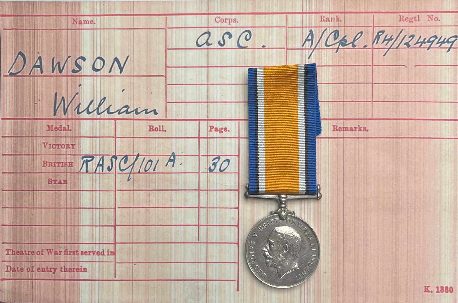 WW1 British War Medal to R4-124949 ACpl. W Dawson, ASC. Complete with ribbon and research.