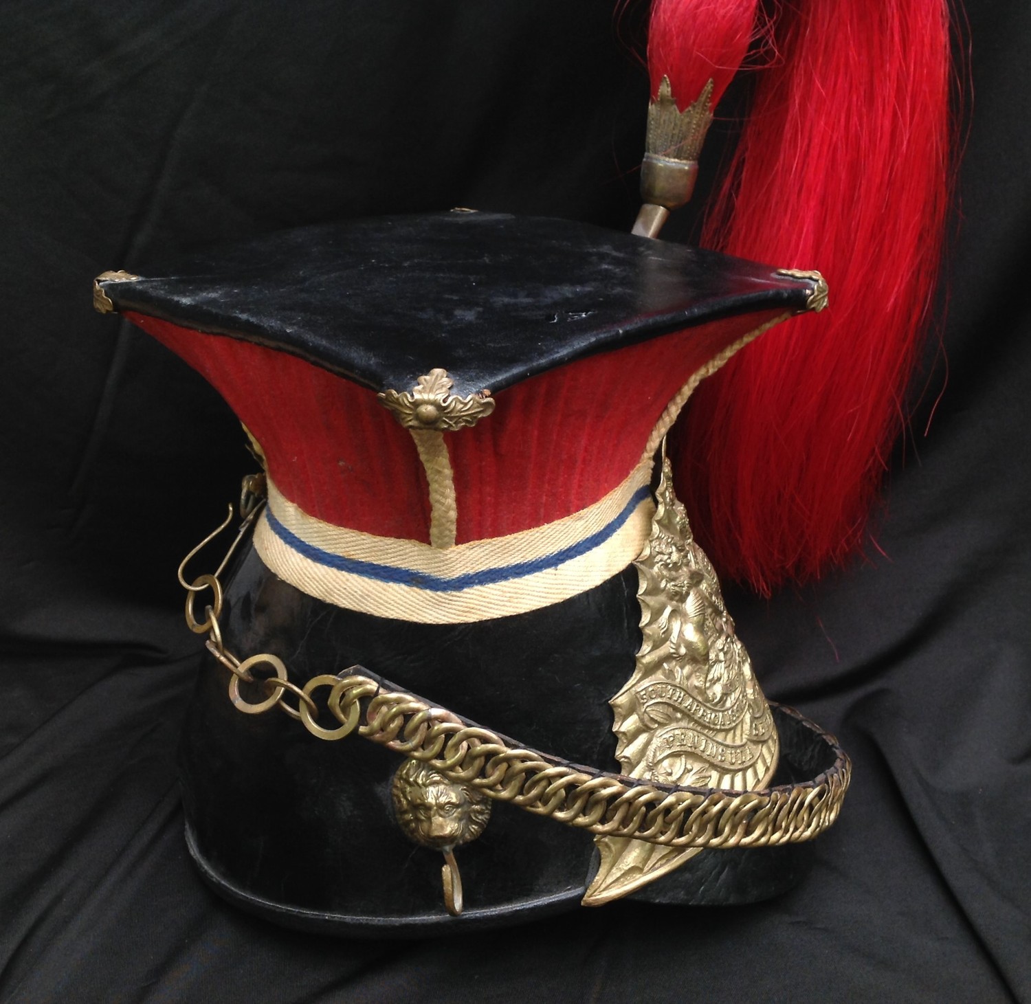Reproduction dating from the late 20th Century of a Victorian 12th Lancers Shako Cap. Plume socket - Image 4 of 8