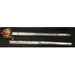 Reproduction Scottish Basket Hilt Sword with double fullered single edged blade 885mm in length.