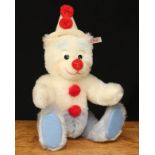 Steiff (Germany) 037528 clown teddy bear, black and white plastic eyes, pronounced snout with red