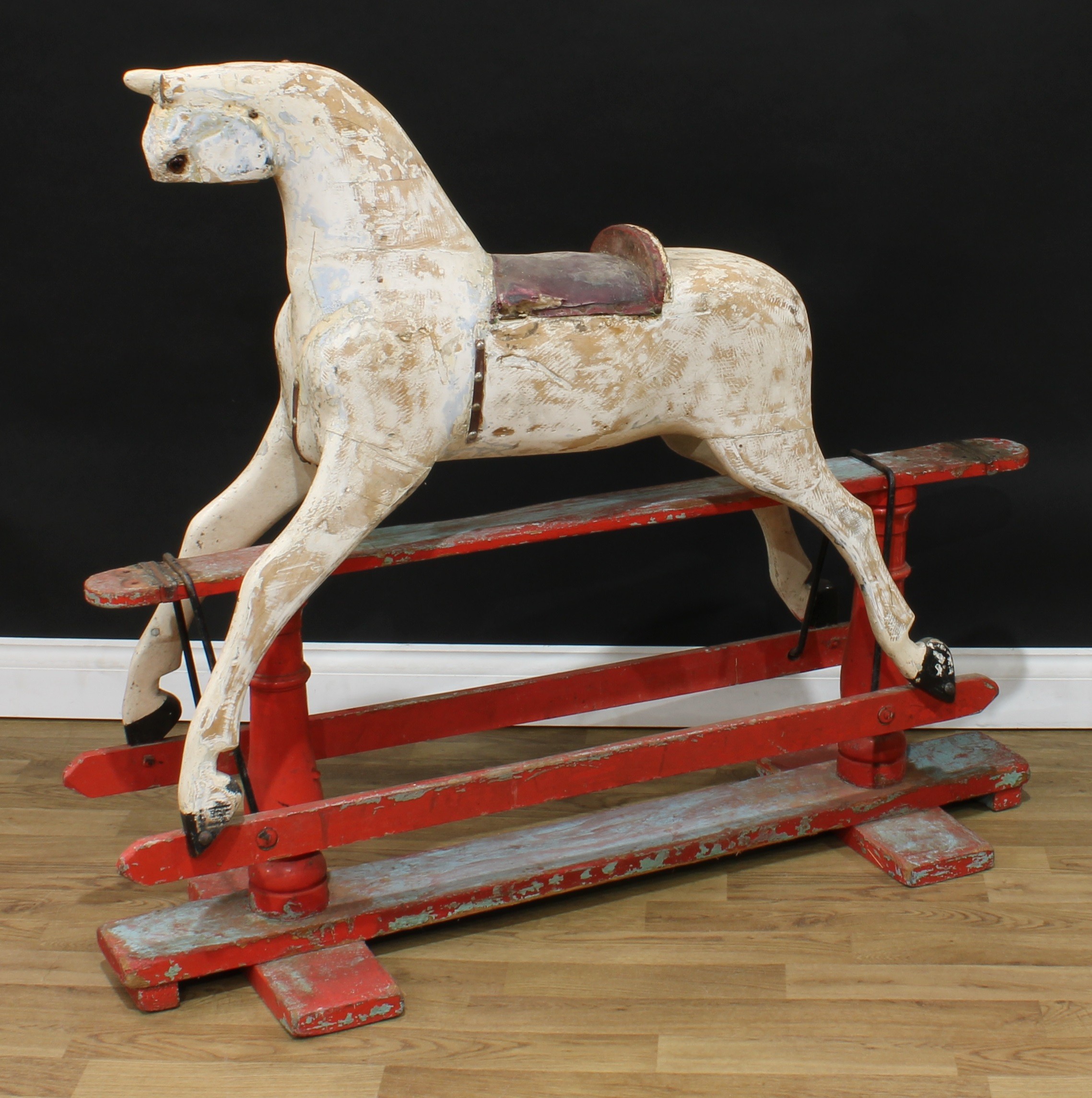 A late 19th/early 20th century English rocking horse on safety stand, the partially stripped and - Image 3 of 3