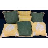 Cushions - two green silk; others, yellow(8)