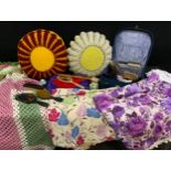 Textiles - a retro 1960s purple bedspread; crochet cushions, throw etc