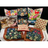 Cushions - a woolwork embroidered cushion; others, various; two tapestries (9)