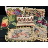 Cushions - a woolwork embroidered cushion, with tassels; others, various (7)